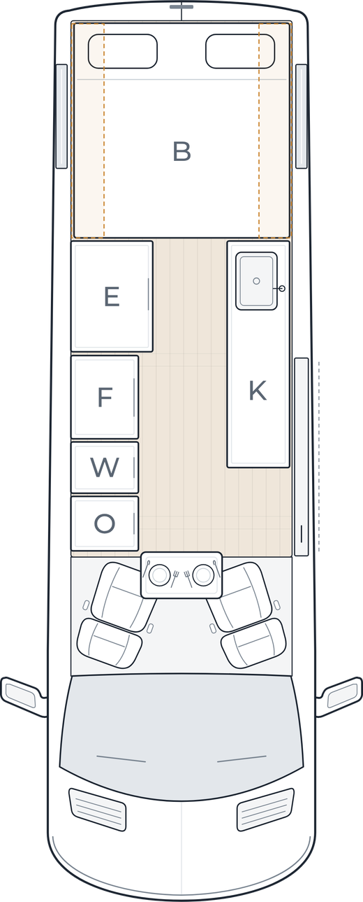 Argon long wheelbase floorplan, queen bed