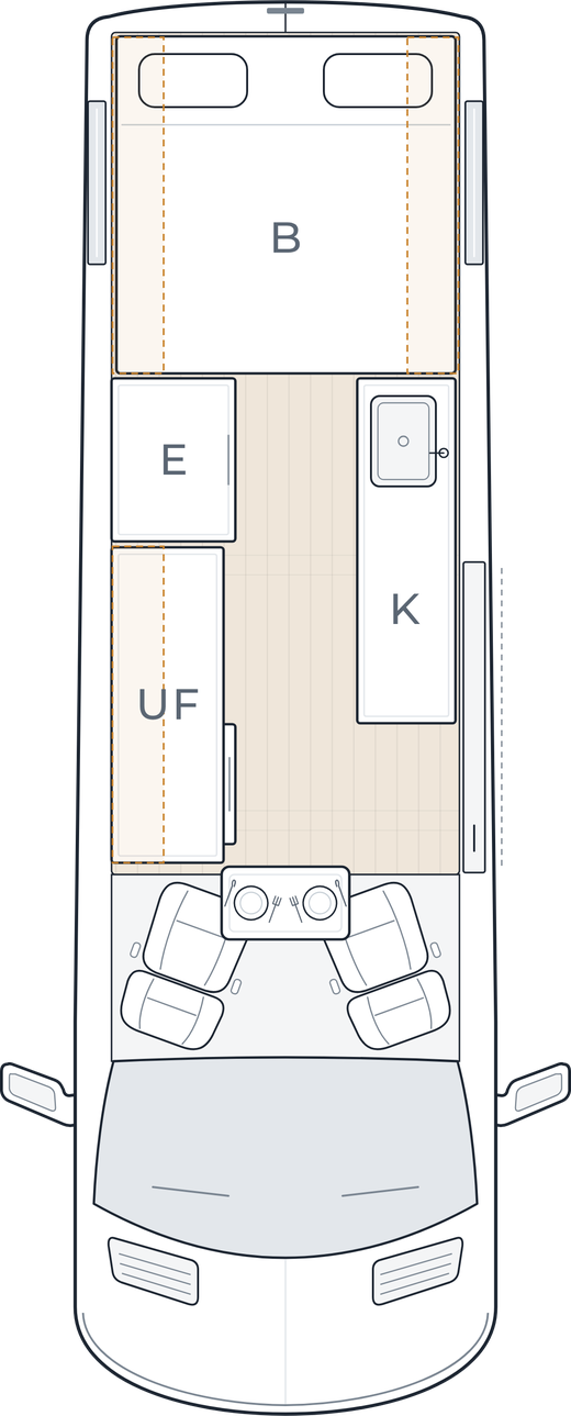Wasp long wheelbase floorplan, queen bed