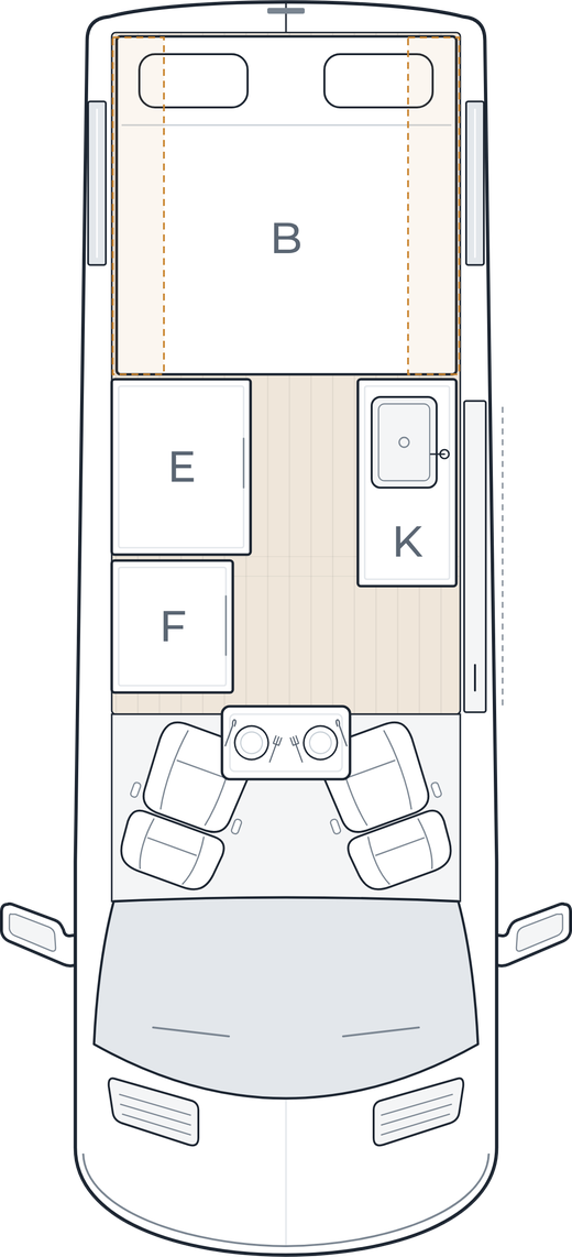 Argon medium wheelbase floorplan, queen bed
