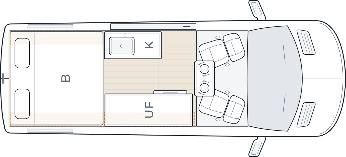 Wasp floorplan, queen bed, extra bench space
