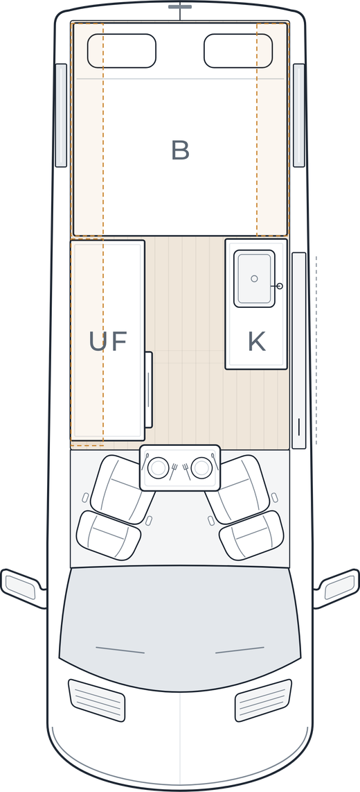 Wasp medium wheelbase floorplan, queen bed